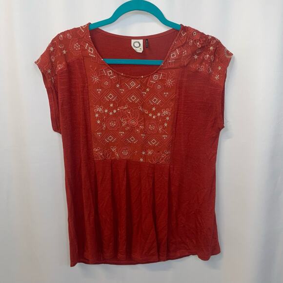 Anthropologie Akemi + Kin Burnt Orange Gold Embroidery Boxy Style Pleated Top S - Picture 2 of 7